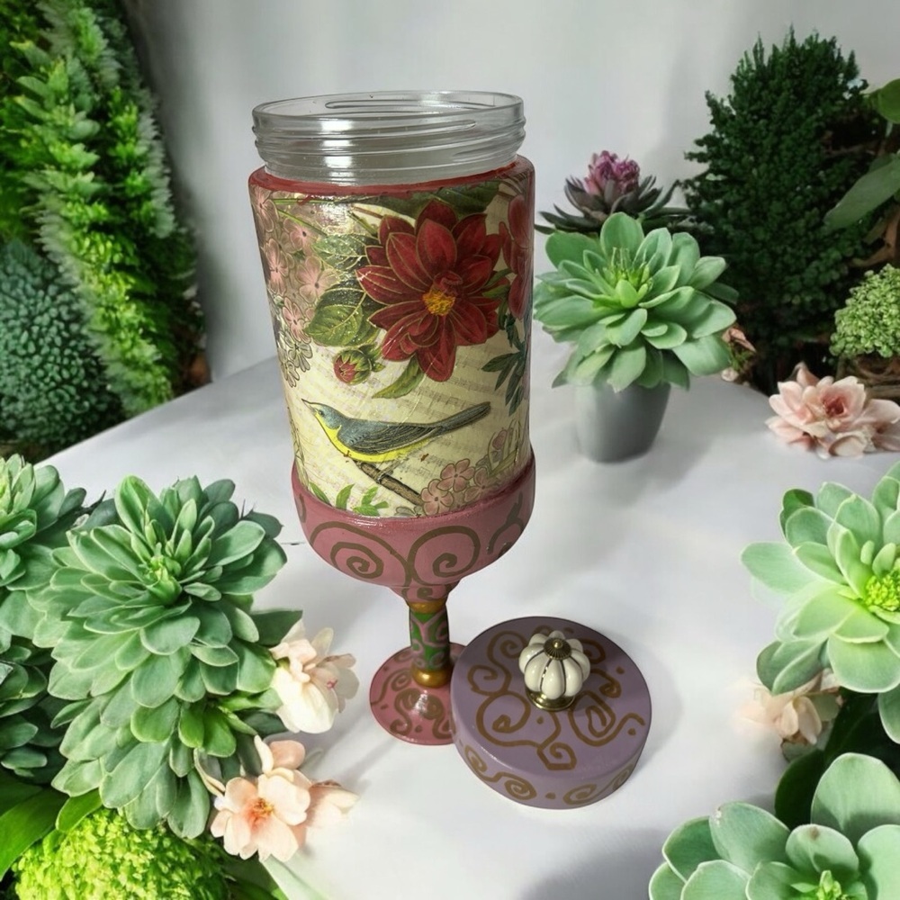 Floral Decorative Glass Jar with Lid Mackenzie Child Inspired.
